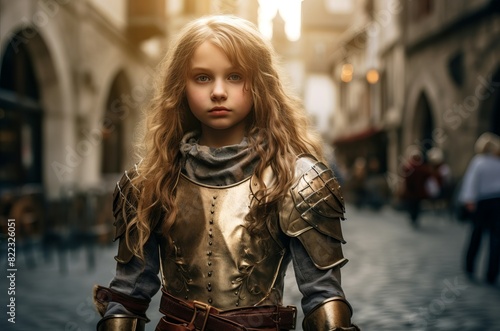 Honorable Medieval knight child girl. Cute person. Generate Ai