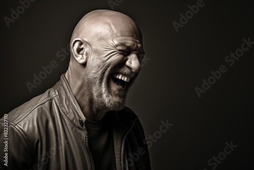 Portrait of a smiling man in his 50s laughing while standing against bare monochromatic room