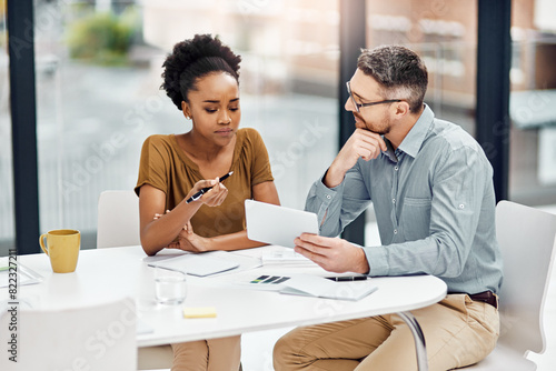 Meeting, tablet and business people in office for discussion, collaboration or planning project. Teamwork, feedback and employees talking for product development, conversation or idea at design firm