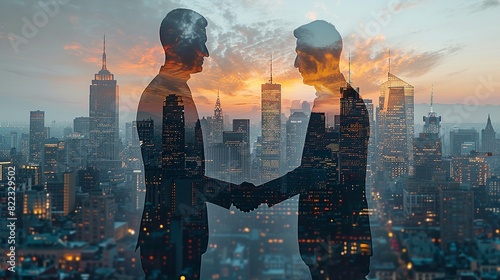 Double exposure Business, Double exposure of a businessman shaking hands with a colleague, overlaid with a city skyline and office buildings, symbolizing successful urban business partnerships.