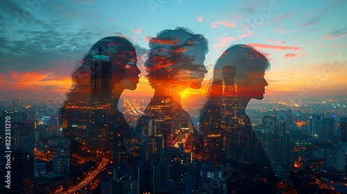 Double exposure Business, Team collaborating on a project, blended with a cityscape, symbolizing the synergy between teamwork and urban business success. Illustration image,