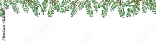 Christmas tree seamless border isolated on white. Hand drawn trendy flat style green spruce branches Christmas Larch, Pine, evergreen tree seamless banner for holiday decoration. Vector illustration