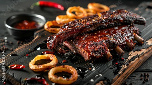 Barbecue dry aged wagyu roast beef steak with BBQ chili and onion rings served . Generative Ai
