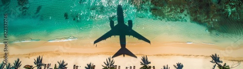 Aerial view of an airplane shadow flying over the beach with blue water and palm trees There are also some sunbeds on the sandbeach at sunrise