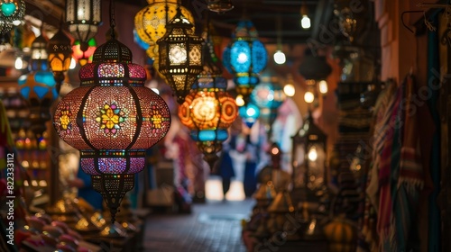 colorful moroccan lanterns illuminating a traditional souk in marrakech travel photography