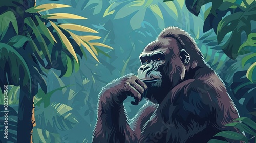 contemplative gorilla in dense jungle primate deep in thought wildlife concept illustration