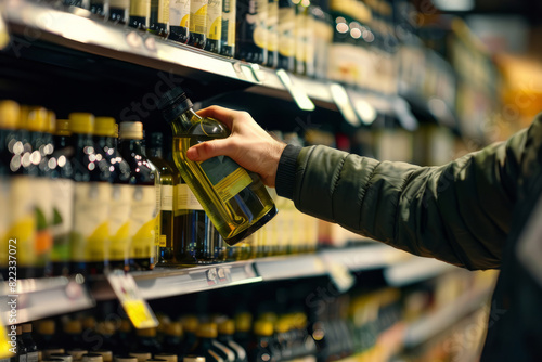 Hand holds a bottle of olive oil at grocery store