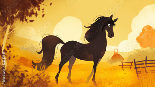 Cavalo preto no campo - Ilustração infantil fofa, delicada e alegre - arte colorida