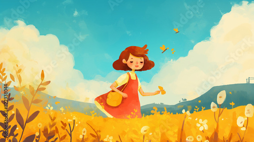 Mulher feliz no campo - Ilustração infantil fofa, delicada e alegre - arte colorida