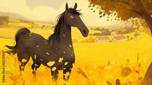 Cavalo preto no campo - Ilustração infantil fofa, delicada e alegre - arte colorida