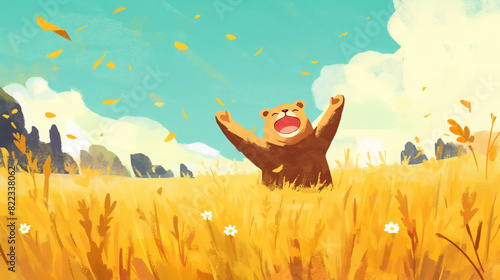 Urso feliz gritando no campo - Ilustração infantil fofa, delicada e alegre - arte colorida