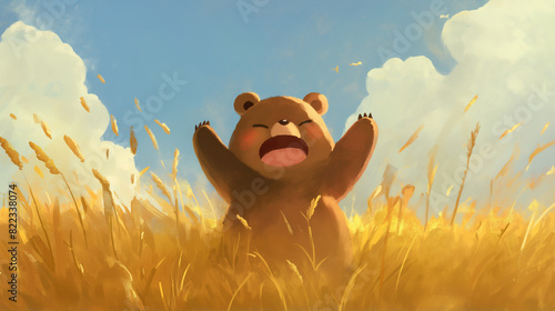 Urso feliz gritando no campo - Ilustração infantil fofa, delicada e alegre - arte colorida