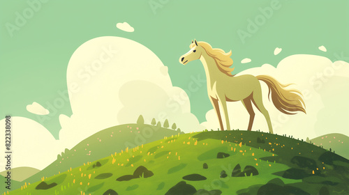 Cavalo bege no campo verde - Ilustração infantil fofa, delicada e alegre - arte colorida