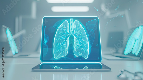 A bright, minimalistic setting featuring a large tablet displaying a vibrant Blue holographic 3D Lung in body, laid on a white table within a clean, white room