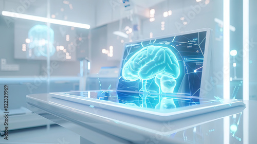 A bright, minimalistic setting featuring a large tablet displaying a vibrant Blue holographic 3D liver in body, laid on a white table within a clean, white room