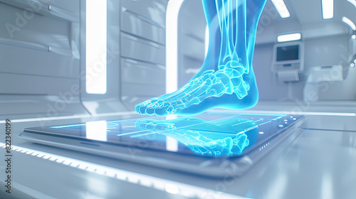 A bright, minimalistic setting featuring a large tablet displaying a vibrant Blue holographic 3D foot in body, laid on a white table within a clean, white room