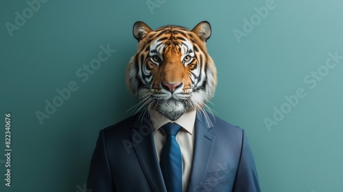 Surreal tiger in a business suit against a teal background during daytime.