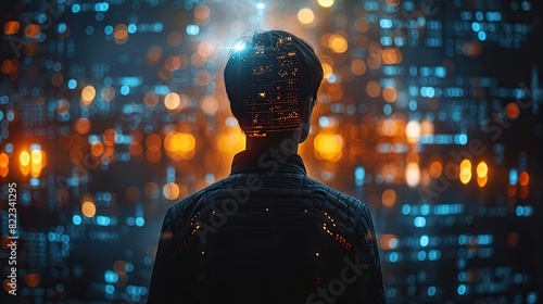 global hologram business people and digital transformation with scifi cyberpunk or information technology light innovation background futuristic.photo illustration