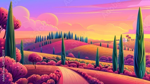 Illustration background of the Italian countryside, showing pine and cypress trees, with sun rising in the morning.