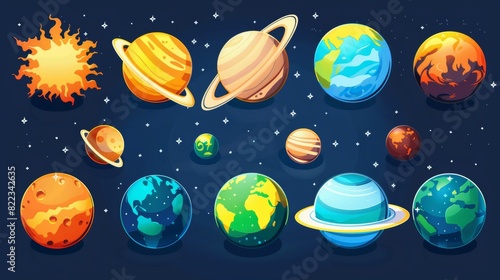 The universe and solar system planets are combined with a space element on a universe background. The modern illustration is cartoon-like in style.