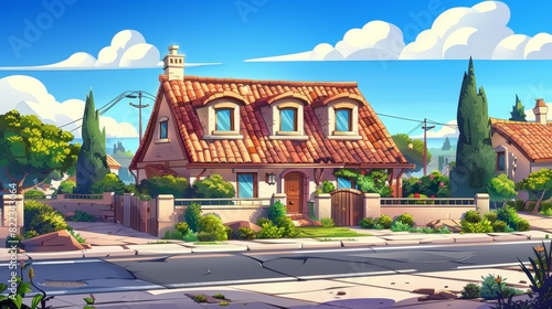 In summer, a country house with a large garden stands on a street. Modern illustrations with separate layers. Concept for advertising, real estate and architecture.