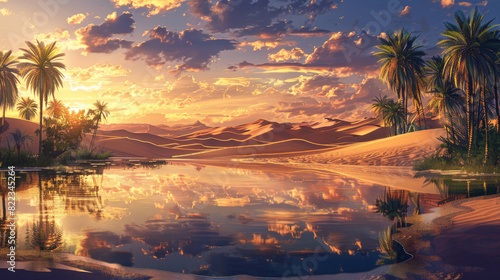 Sunset Over a Desert Oasis, Anime Background.