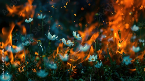 Fire and ice. Beautiful blue flowers in the middle of the flame.