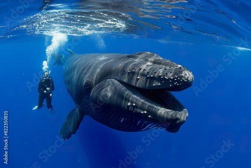 diver in the ocean next to a small whale