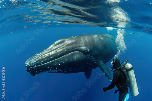 diver observing an immense whale