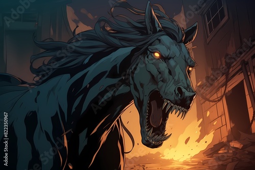 illustration of a scary horse in a dark alley