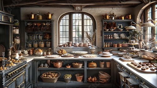 A bakery kitchen with pies, cakes and ice cream, a mansions kitchen with copper pots and pans and views of an old village. Generative AI.