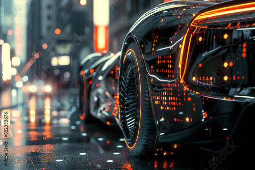 Capture a striking eye-level close-up shot of a sleek cars intricate AI system
