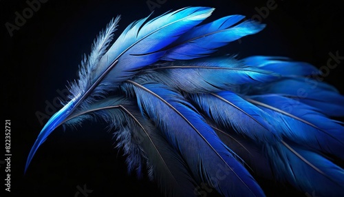 鳥の羽と程よいアクセント、青い光、スタイリッシュ、かっこいい、鮮明、黒い背景、シンプルに表現 Generated by AI