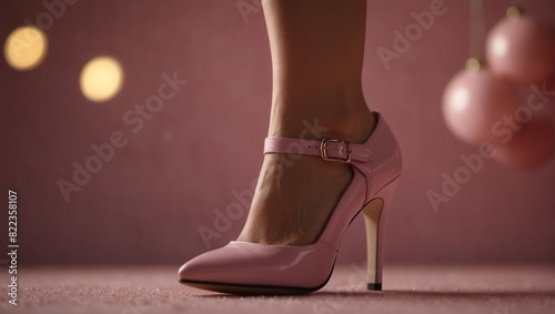 Close up of female legs wearing pink high heel shoes against a pink background.