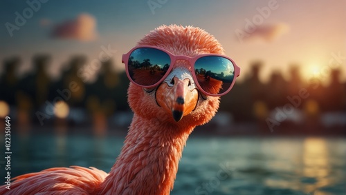 Pink flamingo wearing summer sunglasses. Summer background.
