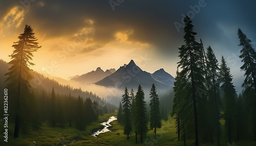 Panoramic view of a mountain evening summer landscape covered with dense forest, the forest consists mainly of tall coniferous trees such as spruce and fir, a small stream flows between the mountains