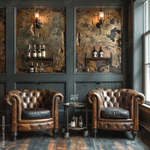 masculine workspace with leather armchairs, dark wood paneling and a vintage bar cart