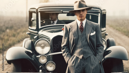 Photo of a man in a classic pinstripe suit standing confidently in front of an elegant retro car.