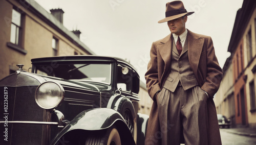  A stylized photograph showing a man in classic 1930s clothing standing next to an antique car on an old city street.
