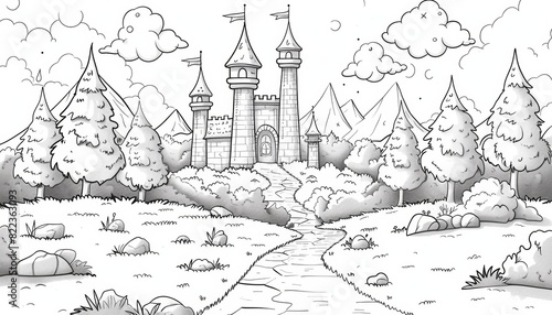 Simple line drawing of a coloring book depicting Fantasy scenery: fairy-tale forests, magical castles, distant planets depicting a separate story and interacting with other characters, thick lines 