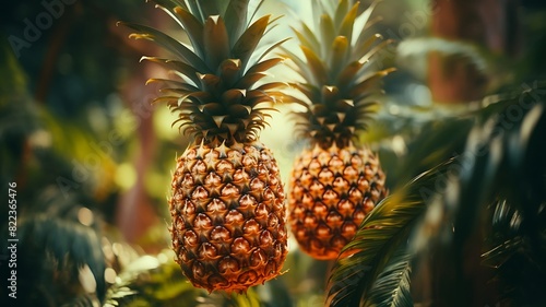 Juicy Tropical Delight: Two Ripe Pineapples Basking in Sun-Kissed Splendor, Bursting with Sweetness and Vibrant Flavor, a Taste of Paradise in Every Bite.