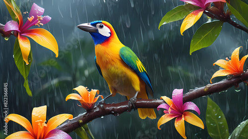 Radiant Wings: Costa Rican Hummingbird Amidst Lush Flowering Canopy, Rain's Symphony