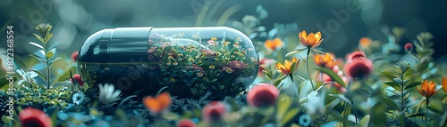 A close-up of a futuristic glass capsule surrounded by vibrant flowers and foliage, blending nature and technology in a serene atmosphere.
