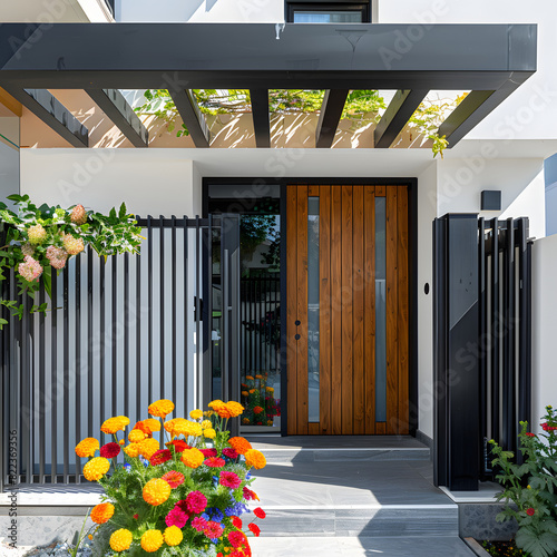 A modern design house entrance with a wooden door, black fence and colorful flowers. travel to athens, greece isolated on white background, professional photography, png 