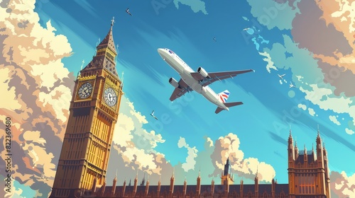 Airplane above Big Ben in London UK, cartoon illustration, travel Europe, scenic, relocation