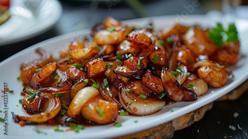 Photo of freshly cooked fried shallots served on a white platter, great for restaurant menus