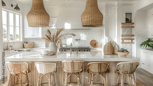 A coastal interior design concept dining natural material cosy comfort Woven pendant lights bring a modern coastal feeling to this light and airy kitchen The stylish counter stools. Generative AI.