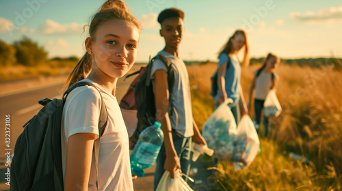 Young Volunteers in Roadside Cleanup. A group of diverse young volunteers participating in a roadside cleanup, collecting trash and promoting environmental awareness.