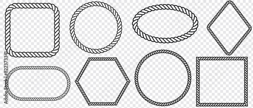 Vector rope frames. Borders of different geometric shapes are round, oval and square. Vector isolated on transparent background. eps 10.