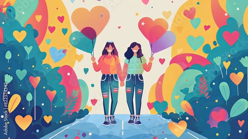 Empowering LGBTQ+ Representation: Vibrant Vector Poster of Lesbian Couple Celebrating Pride with Love and Acceptance Signs